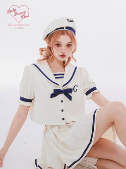 Girly Fancy Club : พรีออเดอร์ ชุดเซตแฟชั่นสไตล์เกาหลีญี่ปุ่น (ราคาแยกชิ้น) เสื้อแขนสั้นปกกะลาสี / กระโปรงจีบรอบ / หมวกเข้าชุด สินค้าแบรนด์แท้