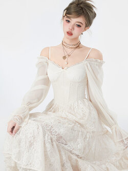 Acaine : พรีออเดอร์ เดรสยาวคลุมเข่า เดรสลูกไม้เปิดไหล่ แขนยาว สไตล์หวาน แบรนด์แท้