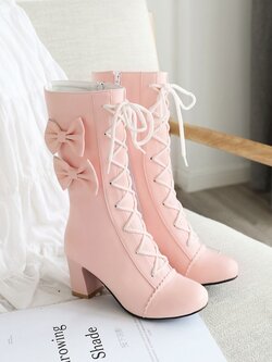 พรีออเดอร์ : รองเท้าบูทแฟชั่นหนัง PU แบบสวยหวานน่ารักๆ แต่งโบว์ สูง 6.5 ซม. มีให้เลือก 2แบบ 3สี