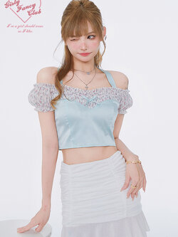 Girly Fancy Club : พรีออเดอร์ เสื้อครอปสั้นเปิดไหล่ผ้าซาตินมันเงา มีสายคล้องคอหวานๆ แบรนด์แท้