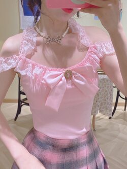 Summer Joy : พรีออเดอร์ เสื้อสายเดี่ยวแฟชั่นสีชมพูน่ารักๆ แต่งสายลูกไม้เปิดไหล่ แบรนด์แท้