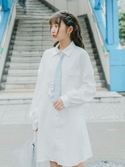 SNBL Girl : เสื้อเชิ๊ตแฟชั่นสไตล์ญี่ปุ่นสีขาวแขนยาว + เนคไทลายหมีน่ารักๆ มีให้เลือก 2รุ่น รุ่นแบบสั้น และ แบบยาว งานแบรนด์