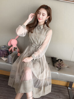 พรีออเดอร์ : เดรสยาวแฟชั่นลายสก็อตแบบสวยหวานแขนยาว มีให้เลือก 3สี