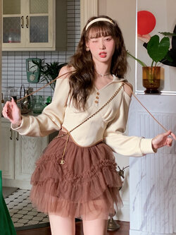 Acaine : พรีออเดอร์ กระโปรงผ้ามุ้งแฟชั่นแต่งระบายหวานสีน้ำตาลเอิร์ธโทน แบรนด์แท้