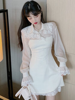 พรีออเดอร์ : เดรสแฟชั่นสไตล์เกาหลี 2 ชิ้น สีขาว เดรสสายเดี่ยว + เสื้อแขนยาวผ้าโปร่งบางแต่งลูกไม้ตามแบบ