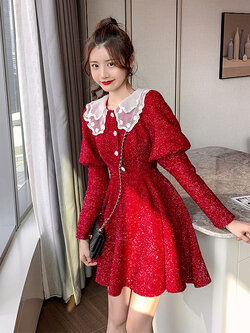 Palglg : พรีออเดอร์ เดรสแฟชั่นแขนยาวสีแดงเนื้อโพลีเอสเตอร์ สไตล์เกาหลี แต่งกริดเตอร์ และ กระดุมมุก แบรนด์แท้