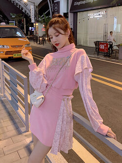 Palglg : พรีออเดอร์ กระโปรงแฟชั่นแต่งจีบลูกไม้ข้างและสายโซ่ แบรนด์แท้