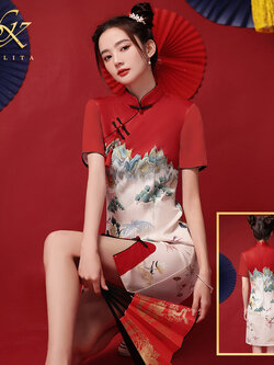 พรีออเดอร์ : ชุดกี่เพ้า ชุดตรุษจีน ชุดจีน เดรสสั้นรุ่นพิมพ์ลาย สีแดง