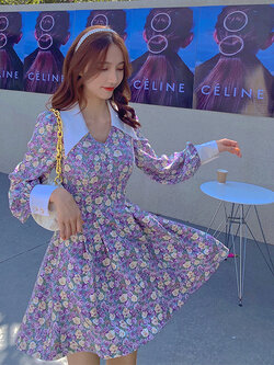 Palglg : พรีออเดอร์ เดรสแฟชั่นสไตล์ลายดอกไม้สีม่วงหวานๆ แขนยาว แบรนด์แท้