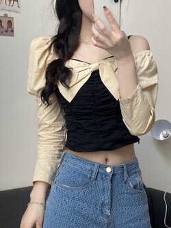 พรีออเดอร์ : เสื้อแฟชั่นสไตล์เกาหลีแขนยาว เปิดไหล่แต่งสายเดี่ยวหนึ่งข้าง