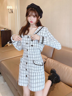 Girly Fancy Club : ชุดเซ็ทแฟชั่นสไตล์เกาหลีญี่ปุ่น (ราคาแยกชิ้น) เสื้อสูทครอปสั้นลายตารางแต่งปกกะลาสี และ เดรสแขนกุดติดกระดุมหน้าเข้าชุด แบรนด์แท้