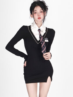 Shaoyeyan : พรีออเดอร์ เดรสแฟชั่นเข้ารูปสไตล์วิทยาลัยแต่งปลอมสองชิ้น + เนคไท + เข็มกลัดแผ่นป้าย แบรนด์แท้