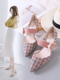 Kaminina : พรีออเดอร์ รองเท้าแฟชั่นสไตล์เกาหลี ทรงปลายแหลมลายตาราง สูง 5.5 ซม. มีให้เลือก 3สี
