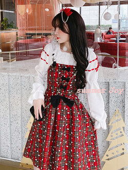 Summer Joy : พรีออเดอร์ ชุดเซ็ท 2 ชิ้น (ราคาแยกชิ้นค่ะ) เดรสแขนกุดคริสต์มาสสีแดงลายสก็อตแต่งสายหนัง และ เสื้อเชิ้ตแขนยาวสีขาวผ้ากำมะหยี่ แบรนด์แท้