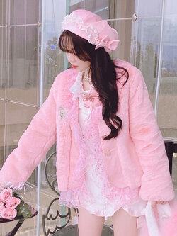 Summer Joy : พรีออเดอร์ เสื้อแจ็คเก็ตขนสัตว์สไตล์หวานแต่งระบายประดับเลื่อม มีให้เลือก 2สี แบรนด์แท้