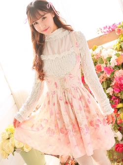 พรีออเดอร์ : กระโปรงเอี๊ยมแฟชั่นสไตล์ญี่ปุ่น ผ้าชีฟองพิมพ์ลายดอกไม้หวานๆ ด้านหลังสม็อคเข้ารูป แบรนด์ Uncleflower