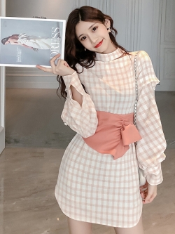 Palglg : พรีออเดอร์เดรสสั้นลายสก็อตสีส้มอ่อนสไตล์ญี่ปุ่นแบบสวย งานแบรนด์