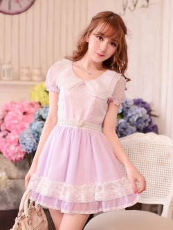 เดรสชีฟองแขนตุ๊กตาสีม่วงแต่งระบายปกคอและผ้าลูกไม้ (ไม่รวมเข็มขัดค่ะ) แบรนด์แท้ Candy Rain