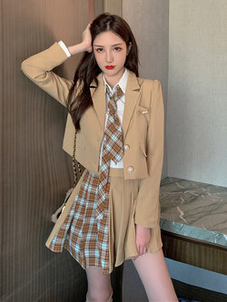 พรีออเดอร์ : ชุดสูทแฟชั่นสไตล์เกาหลีสีกากี เสื้อเชิ้ท + เนคไท + กระโปรง + เสื้อสูท