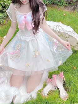 Summer Joy : พรีออเดอร์ เดรสนางฟ้าแฟชั่นแขนกุดแบบใส ปักลายคิวปิด แต่งขนนก มีให้เลือก 3 แบบ แบรนด์แท้