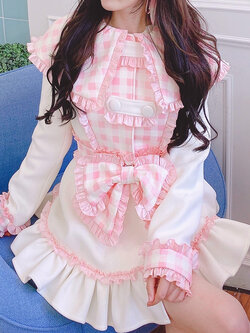Summer Joy : พรีออเดอร์ เสื้อโค้ทแฟชั่นสไตล์โลลิต้าน่ารักๆ แต่งปกคลุมไหล่สีชมพูลายสก็อต แบรนด์แท้