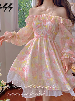 Palglg : พรีออเดอร์ เดรสลายดอกไม้สไตล์หวาน แขนยาวประดับมุกตามแบบ สามารถใส่ได้สองแบบ แบรนด์แท้