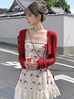 Acaine : พรีออเดอร์ เดรสสายเดี่ยวแฟชั่นสไตล์หวานพิมพ์ลายเชอร์รี่น่ารักๆ แบรนด์แท้