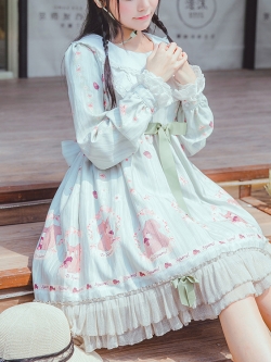 พรีออเดอร์ : เดรสแฟชั่นสไตล์ญี่ปุ่น เดรสโลลิต้าพิมพ์ลายหวานๆ แบบแขนยาว / แขนกุด (รุ่นนี้มี 3 สีค่ะ) + ผ้าคาดผมเข้าชุด