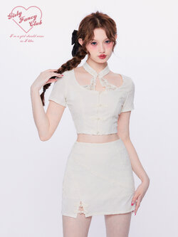 Girly Fancy Club : พรีออเดอร์ ชุดเซตแฟชั่น (ราคาแยกชิ้น) เสื้อคอจีนแขนสั้น / กระโปรงแต่งกระดุมจีน แบรนด์แท้