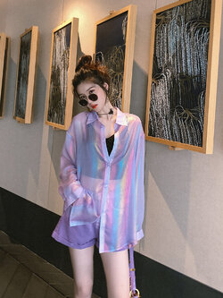 พรีออเดอร์ : เสื้อเชิ๊ตแขนยาวแฟชั่นแบบโปรงใส รุ่นโปร่งบาง ใส่คลุมทับเก๋ๆ มี 2สี (สินค้าไม่รวมเสื้อด้านในค่ะ)