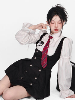 Shaoyeyan : พรีออเดอร์ ชุดเซ็ตแฟชั่น (ราคาแยกชิ้น) เดรสจัมพ์เปอร์แต่งกระดุมสองแถว + เนคไท + ป้าย + กางเกงซับใน / เสื้อเชิ้ตขาวแขนยาว แบรนด์แท้