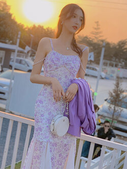 Palglg : พรีออเดอร์ เดรสยาวสายเดี่ยวประดับมุกหวานๆแบบ 2 สาย แบรนด์แท้