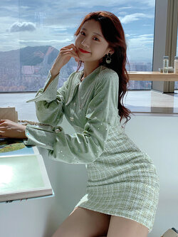 Palglg : พรีออเดอร์ เดรสแฟชั่นแขนยาวสไตล์เกาหลีผ้าำำำกำมะหยี่ตัดต่อผ้าทวีตสีเขียว แบรนด์แท้