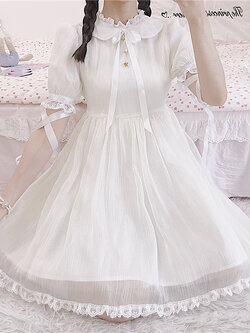 พรีออเดอร์ : เดรสแฟชั่นสไตล์ญี่ปุ่นโลลิต้าสีขาวแขนตุ๊กตา แต่งสายริบบิ้นช่วงแขน