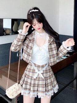 Summer Joy : พรีออเดอร์ ชุดเซ็ทแฟชั่นสไตล์เกาหลีญี่ปุ่น (ราคาแยกชิ้น) เสื้อสูทแขนยาวลายสก็อต (ไม่มีเข็มกลัด) และ กระโปรงลายสก็อต แบรนด์แท้