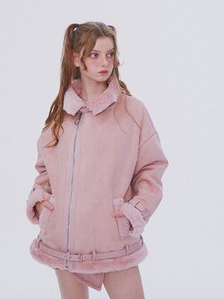 Girly Fancy Club : พรีออเดอร์ เสื้อแจ็คเก็ตหนังขนกำมะหยี่หนาสีชมพูหวาน แบรนด์แท้