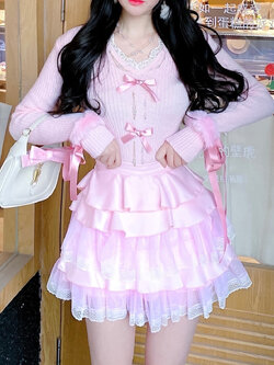 Summer Joy : พรีออเดอร์ กระโปรงชมพูแต่งระบายไล่ระดับแต่งผ้าลูกไม้สไตล์หวานโลลิต้า แบรนด์แท้