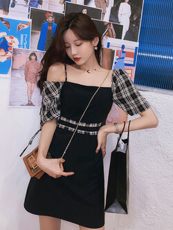 Palglg : พรีออเดอร์ เดรสสั้นแต่งแขนลายสก็อต เปิดไหล่หนึ่งข้าง งานแบรนด์