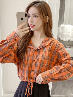 พรีออเดอร์ : เสื้อแฟชั่นแขนยาวลายสก็อตมีฮู๊ดน่ารักๆ มีเชือกผูกรัดช่วงเอว มี 3สี