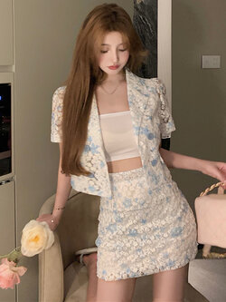 พรีออเดอร์ : ชุดเซ็ทแฟชั่นลูกไม้สไตล์เกาหลี (ราคาแยกชิ้น) เสื้อคลุมติดกระดุมสองแถว ไม่รวมเสื้อกล้ามตัวใน และ กระโปรงเข้ารูปตามแบบ