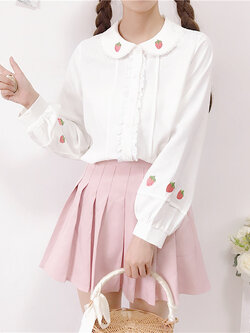 พรีออเดอร์ : เสื้อเชิ้ตแฟชั่นแขนยาวสไตล์ญี่ปุ่นแต่งลายสตรอเบอร์รี่