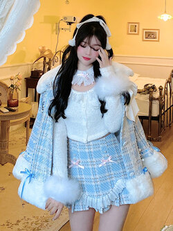 Summer Joy : พรีออเดอร์ เสื้อโค้ทแฟชั่นสีฟ้าลายสก็อต ติดกระดุมด้านหน้า แบรนด์แท้