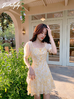 Palglg : พรีออเดอร์เดรสแฟชั่นแขนตุ๊กตาแต่งผ้าลูกไม้สีเหลืองหวานๆ งานแบรนด์