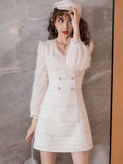 พรีออเดอร์ : เดรสแฟชั่นสไตล์เกาหลีลายหินอ่อนคอวีแต่งกระดุมหน้า