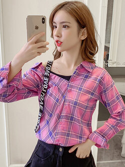 พรีออเดอร์ : เสื้อแฟชั่นแขนยาวลายสก็อตเปิดไหล่ แต่งสายพิมพ์ข้อความตามแบบ มีให้เลือก 2สี