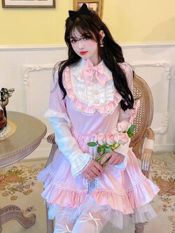 Summer Joy : พรีออเดอร์ เดรสแขนยาว สไตล์โลลิต้าสีชมพูหวาน มีให้เลือก 2แบบ เดรสสั้น/เดรสยาว แบรนด์แท้