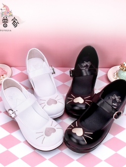Angelic imprint : รองเท้าหนังแฟชั่นสไตล์ญี่ปุ่น ด้านหน้าแต่งลายหัวใจหนวดแมวน่ารักๆ รุ่นส้นสูง 4.5 ซม. แบรนด์แท้