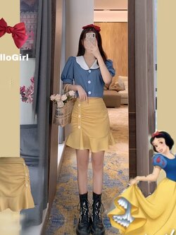 DSY : พรีออเดอร์ ชุดเซ็ทแฟชั่นประยุกต์สไตล์เจ้าหญิงดีสนีย์สโนว์ไวท์ เสื้อสีฟ้าน้ำเงิน + กระโปรงสีเหลือง ตามแบบ