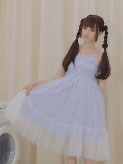 SNBL Girl : เดรสสายเกี่ยวสีม่วงลายสก็อต แฟชั่นสไตล์ญี่ปุ่นน่ารักๆ แต่งผ้าตาข่ายตามแบบ แบรนด์แท้