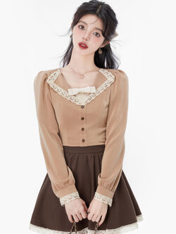 Acaine : พรีออเดอร์ ชุดเซ็ทแฟชั่นสไตล์เกาหลี (ราคาแยกชิ้น) เสื้อเชิ้ตแฟชั่นสไตล์เกาหลีแขนยาวติดซิปด้านหลังแต่งกระดุมปลอมด้านหน้า / กระโปรงแฟชั่นแต่งชายลูกไม้ แบรนด์แท้